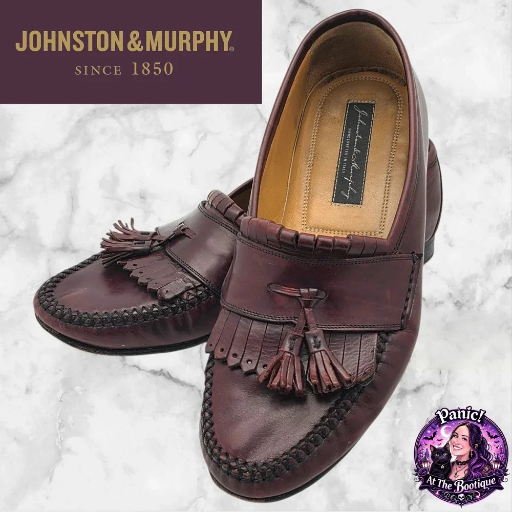 VTG Johnston Murphy Loafers Men 9.5 Leather Burgundy Oxblood Kiltie Tassel Italy